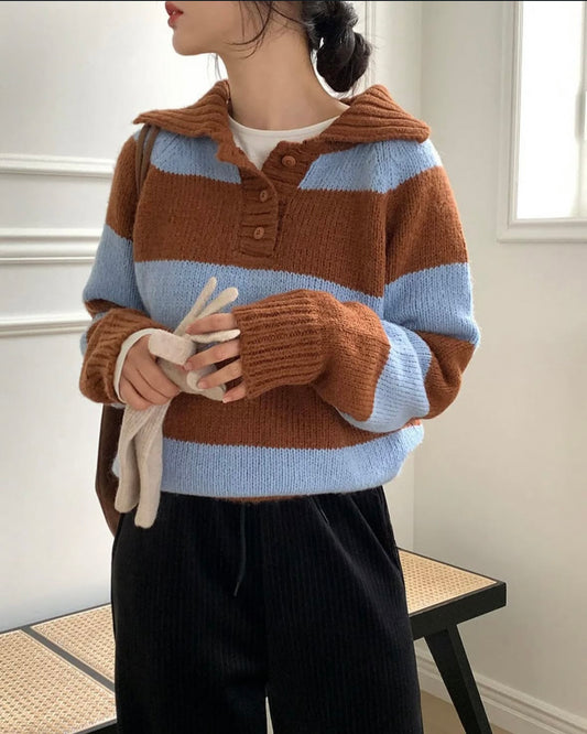 Collar knit stripe sweater