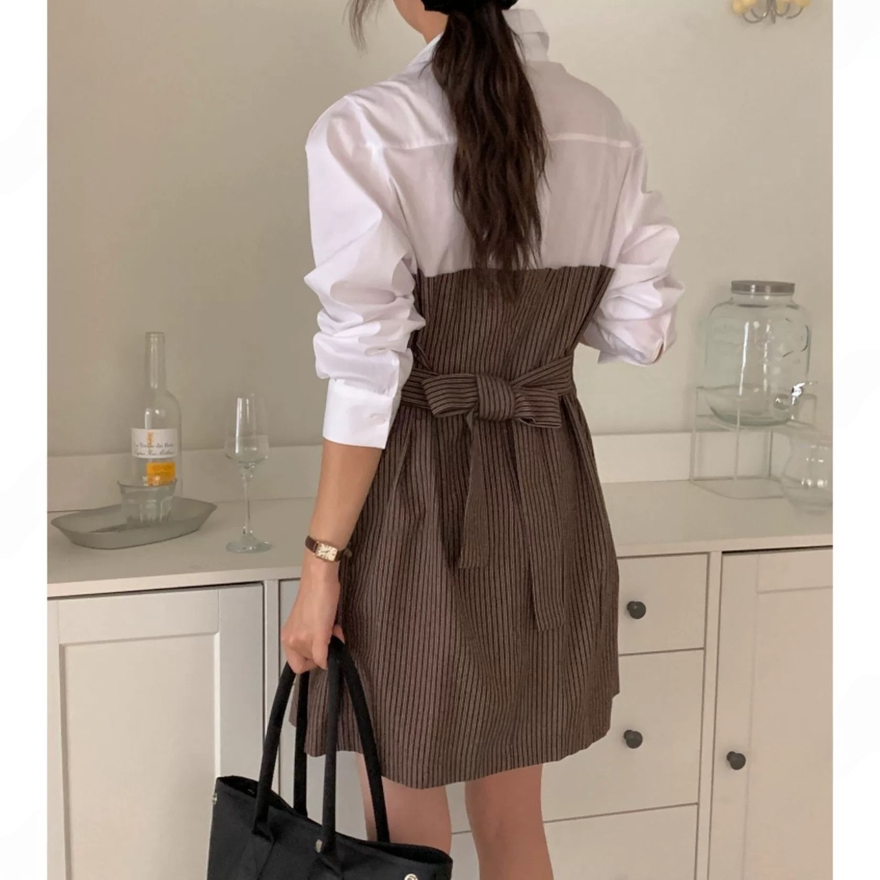 Striped back tie shirt dress